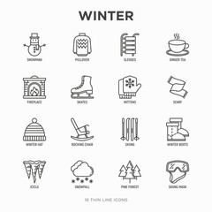 Winter thin line icons set: fireplace, skates, mittens, snowflake, scarf, snowman, pullover, sledges, rocking chair, skiing, icicle, snowfall. Modern vector illustration.