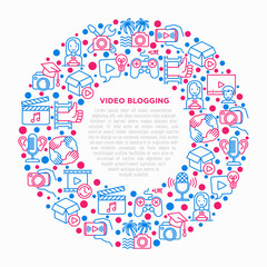 Video blogging concept in circle with thin line icons: vlog, ASMR, mukbang, unboxing, DIY, stream game, review, collaboration, podcast, tipa and tricks. Vector illustration, print media template.