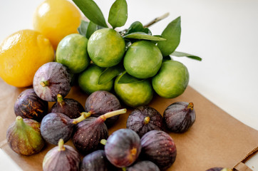 Fresh fruits lays on the recycling bag. Summer market days. 