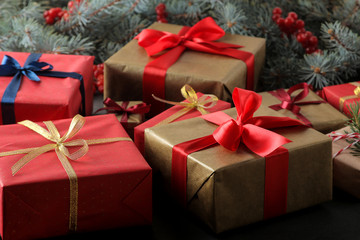 New Year. Christmas. holidays. holiday gifts and new year decor on a dark background close-up