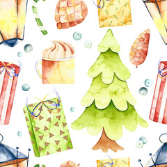 Watercolor winter seamless pattern. Handpainted  watercolor christmas pattern with spruce, berries, gifts, lamp and fir cones. Perfect for you postcard design,wallpaper,christmas print,packaging etc. - 235892210