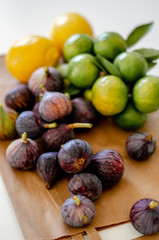 Fresh fruits lays on the recycling bag. Summer market days. 
