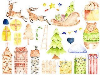 Watercolor christmas elements. Handpainted  watercolor clipart with Santa Claus's reindeer, gifts, cute bear, cup, houses, tree, sweets. Perfect for you postcard design, wallpaper, print, invitations, - 235892458