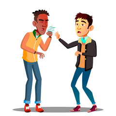 Obraz premium Bacteria Fly Out Of Man S Mouth Sneezing At A Scared Friend Vector. Isolated Cartoon Illustration