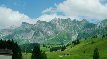 Fototapeta na wymiar Das Alpsteinmassiv/ Bergwelt in der Schweiz; Blick auf das Alpsteinmassiv, steile Felsen, Bergwiesen, blauer Himmel und weiße Wolken