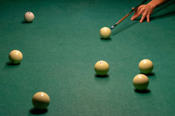 Billiard balls on a green pool table.