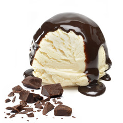 Vanilla ice cream scoop with broken chocolate chips and sauce from side view isolated on white background.