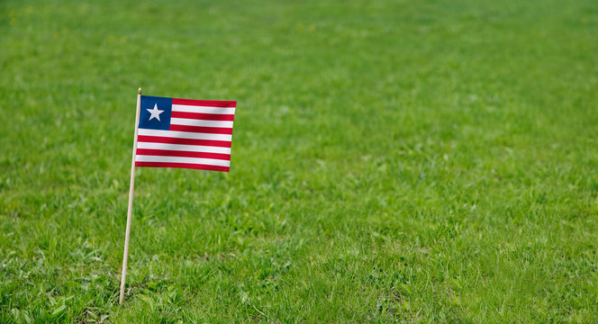 Liberia flag. Photo of Liberian flag on a green grass lawn background. Close up of national flag waving outdoors.