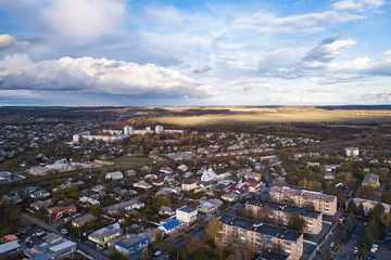Aerial: Small town of Kamianka in Ukraine, autumn time