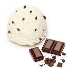 vanilla ice cream scoop with broken chocolate chips from side view isolated on white background.