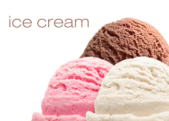 Strawberry, vanilla, chocolate different flavor ice cream scoops side view on white background