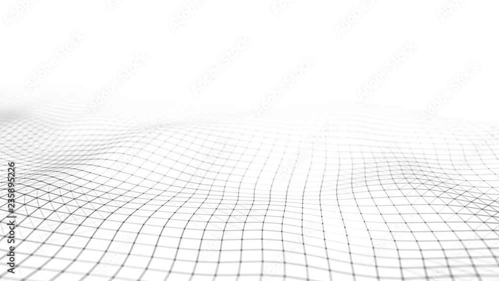 Poster wave of particles on white background. abstract interlacing lines and points. digital connection of 