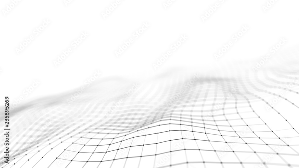 Poster wave of particles on white background. abstract interlacing lines and points. digital connection of 