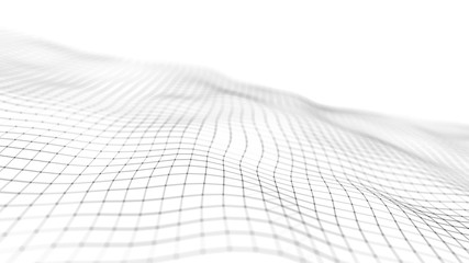 Wave of particles on white background. Abstract interlacing lines and points. Digital connection of...
