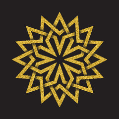 Golden glittering logo symbol in Celtic style on black background. Tribal symbol in sixteen pointed mandala form. Gold stamp for jewelry design.