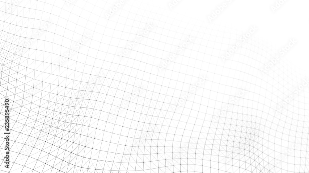 Poster wave of particles on white background. abstract interlacing lines and points. digital connection of 