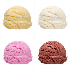 Strawberry, vanilla, chocolate different flavor ice cream scoops side view on white background