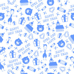 Happy New Year seamless pattern with  stars, present, sweets and little boy. Winter holiday backgrounds for design. Vector illustration