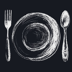 Sketch of spoon, fork, plate painted by chalk against blackboard. Silverware. Restaurant.