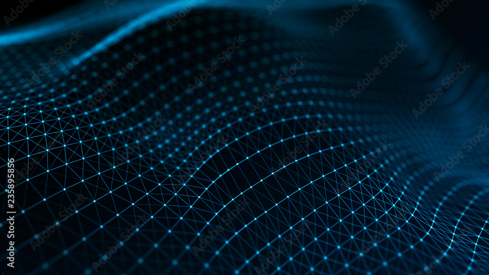 Poster Abstract futuristic wave background. Wave of particles. Wave with connecting dots and lines. 3d rendering.