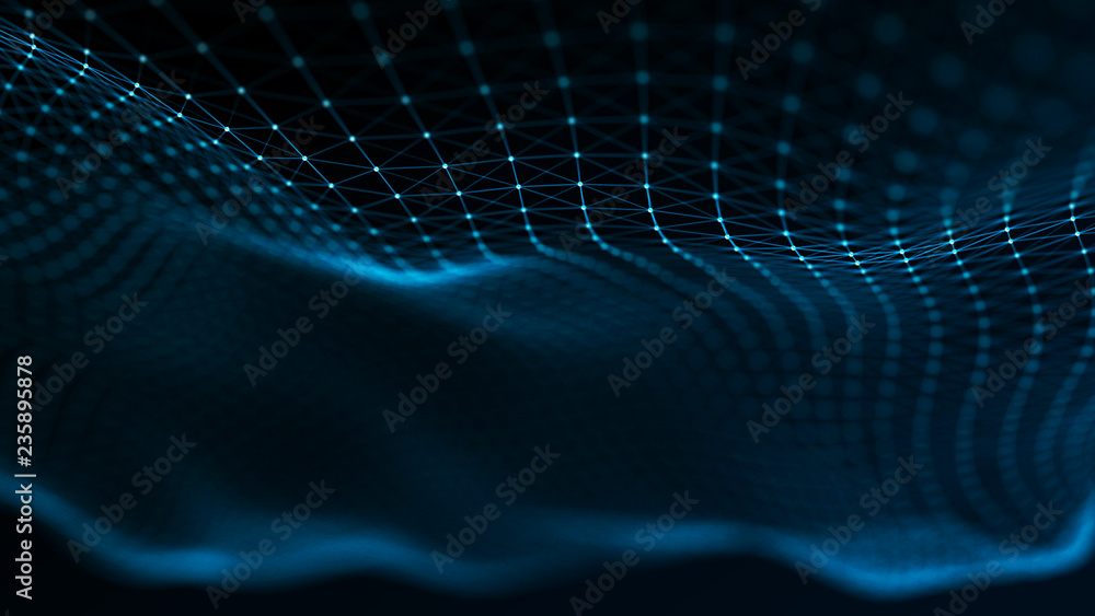 Poster abstract futuristic wave background. wave of particles. wave with connecting dots and lines. 3d rend