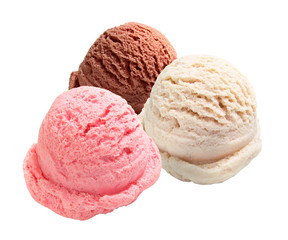 Strawberry, vanilla, chocolate different flavor ice cream scoops side view on white background