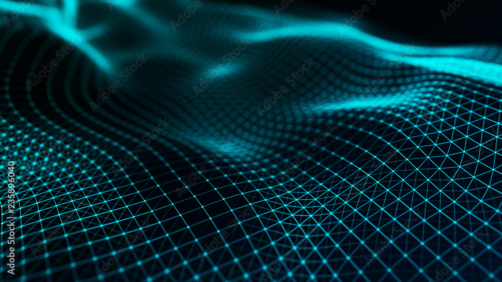 Poster Abstract futuristic wave background. Wave of particles. Wave with connecting dots and lines. 3d rendering.