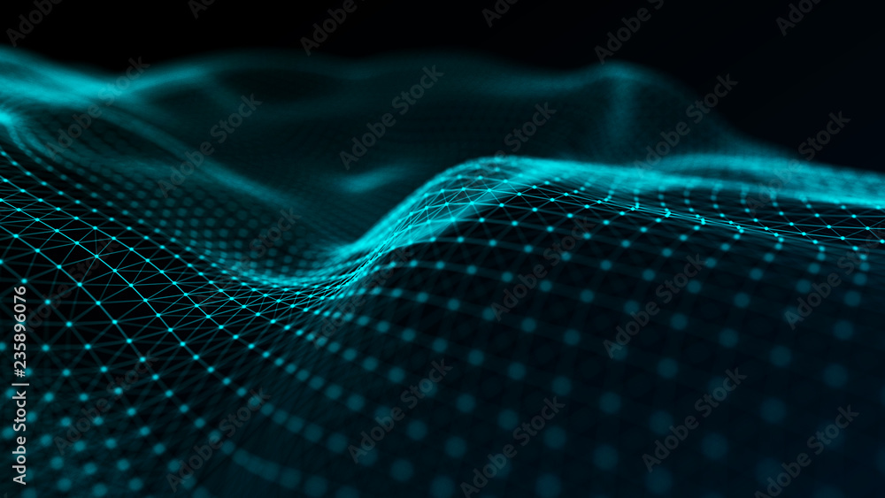 Poster abstract futuristic wave background. wave of particles. wave with connecting dots and lines. 3d rend