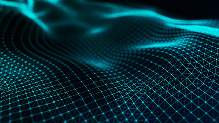 Abstract futuristic wave background. Wave of particles. Wave with connecting dots and lines. 3d rendering.