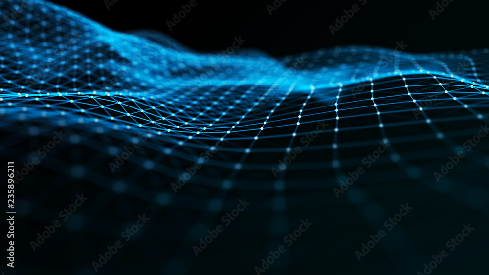 Poster abstract futuristic wave background. wave of particles. wave with connecting dots and lines. 3d rend