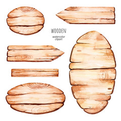 Watercolor wooden elements. Handpainted  watercolor clipart of wood pointers, board and rope. Use for postcard, print, invitations, packaging, lettering, billboard etc. - 235896247
