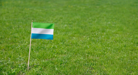 Sierra Leone flag. Photo of Sierra Leone flag on a green grass lawn background. Close up of national flag waving outdoors.