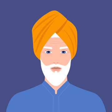 Portrait of an old man. The head of a Sikh with a beard in a turban. Portrait in traditional costume. Vector flat illustration