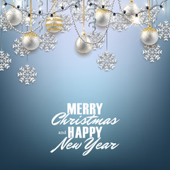 Merry Christmas Happy New Year decorative postcard, shiny baubles glitter snowflakes background, vector illustration