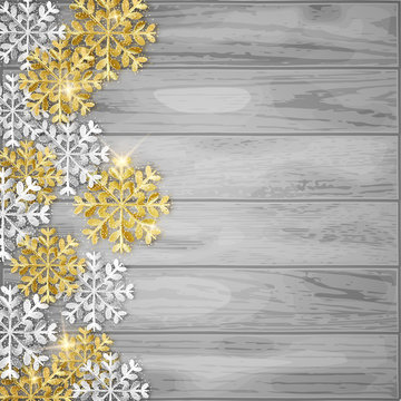 Merry Christmas decorative background, glitter snowflakes, vector illustration