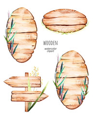Watercolor wooden elements. Handpainted  watercolor clipart of wood pointers, board and rope. Use for postcard, print, invitations, packaging, lettering, billboard etc. - 235897001