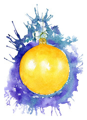 New Year's yellow ball on a background of purple splashes. Christmas tree toy. Watercolor illustration. - 235897056