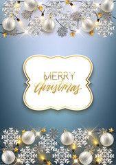 Fototapeta na wymiar Merry Christmas Happy New Year decorative postcard, shiny baubles glitter snowflakes background, vector illustration