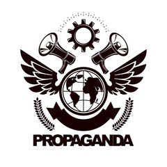 Advertising leaflet composed with loudspeakers and Earth globe surrounded by engineering cog wheel. Proletarian revolution abstract vector illustration. Power of global information.