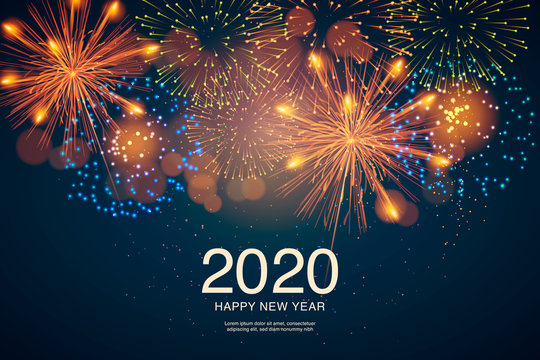The year 2020 displayed with fireworks and strobes. New year and holidays concept.