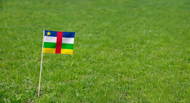 Central African Republic flag. Photo of Central African Republic flag on a green grass lawn background. Close up of national flag waving outdoors.
