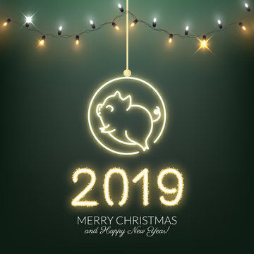 Happy New Year 2019, pig symbol, chinese, decorative postcard, vector illustration