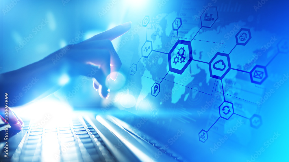 Poster automation and smart industry 4.0, internet of things (iot), gears and system structure on virtual s