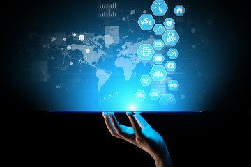 Business intelligence, Data analysis dashboard with icons charts and diagram on virtual screen.