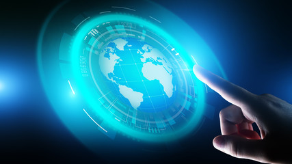 Earth hologram Planet Worldwide Business Internet Telecommunication and modern technology concept on virtual screen.