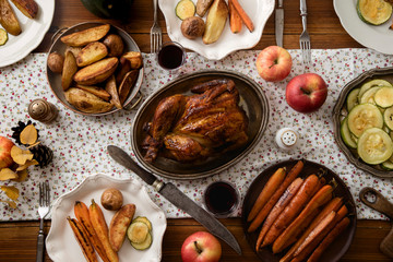 Overhead view of traditional festive dinner served on table