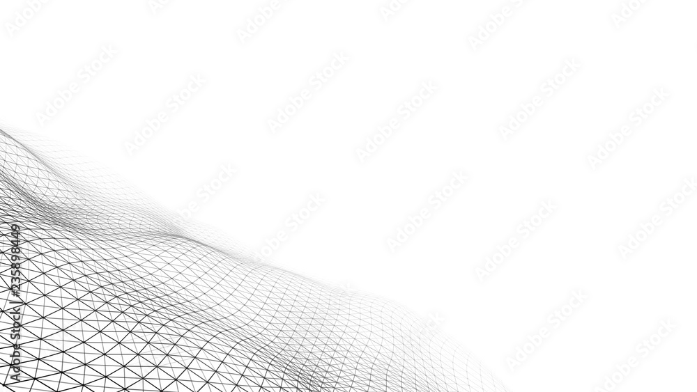Poster white wave composed of lines and points. abstract light background. wave of particles.
