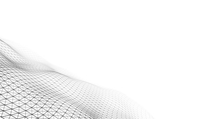 White wave composed of lines and points. Abstract light background. Wave of particles.
