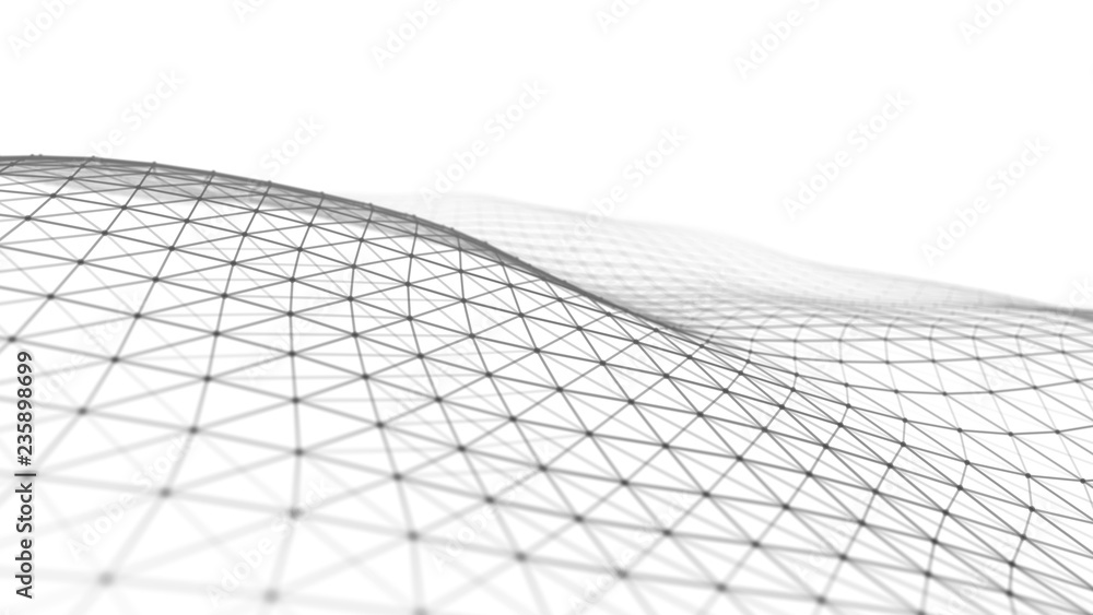 Poster white wave composed of lines and points. abstract light background. wave of particles.