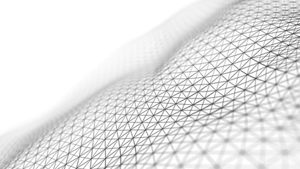 White wave composed of lines and points. Abstract light background. Wave of particles.